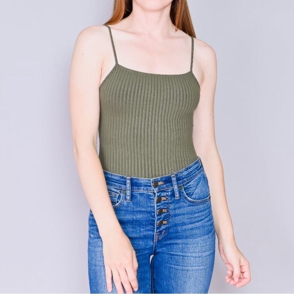 CALE Women's Ribbed Knit Tank Bodysuit in Olive Green Size XS